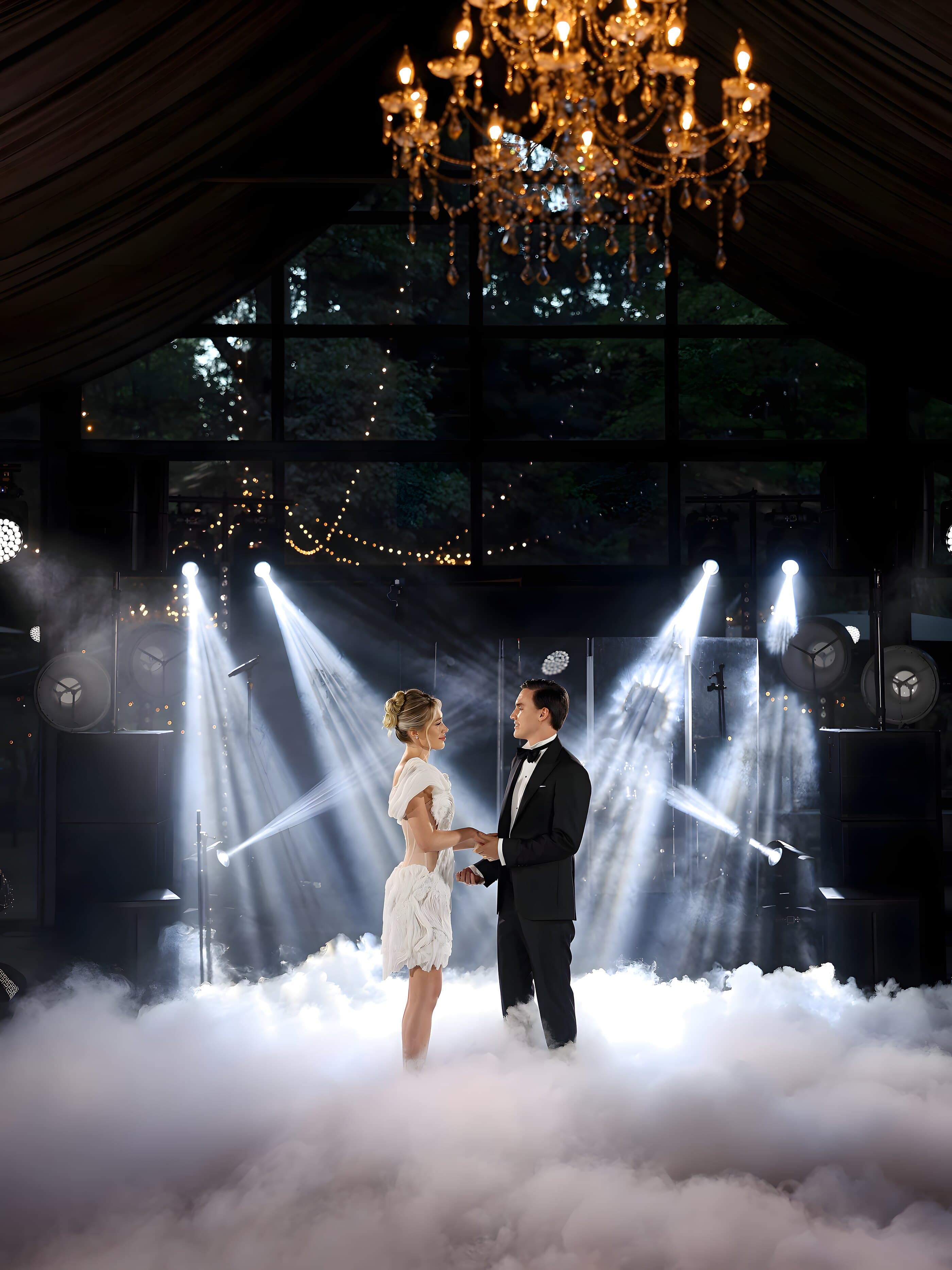 First dance beneath warm suspended light, through soft haze